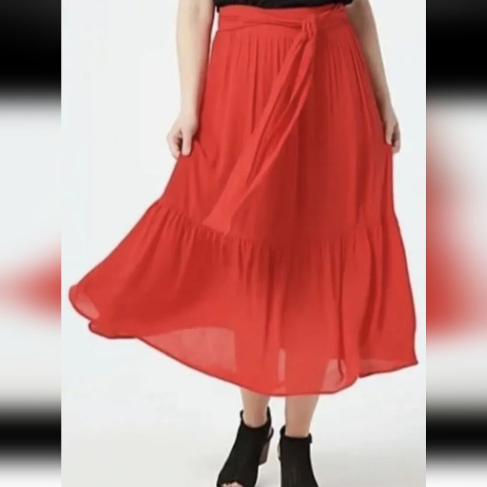 Gibson Look Tiered Belted Gauzy Midi Skirt Sz L Red NEW